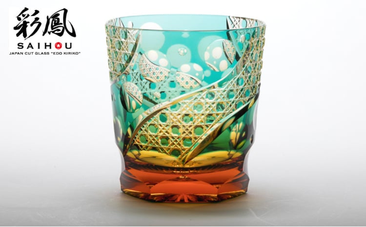 江戸切子 山田のゆり作 八角篭目文様 【緑琥珀】 M-250‐AG | 江戸切子