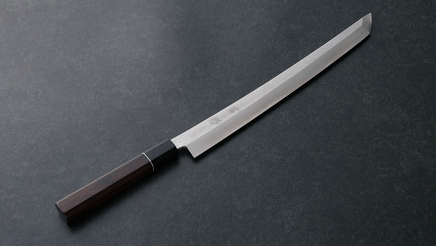 ステンレスV金10号16層積層鋼 先丸包丁 300mm 黒壇柄 桐箱入り - 約250