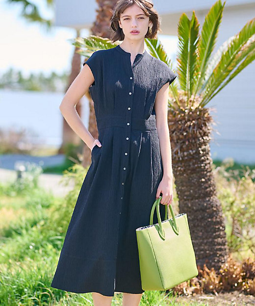 ポケットあり／後ろウエストゴム】フレンチスリーブリップルワンピース