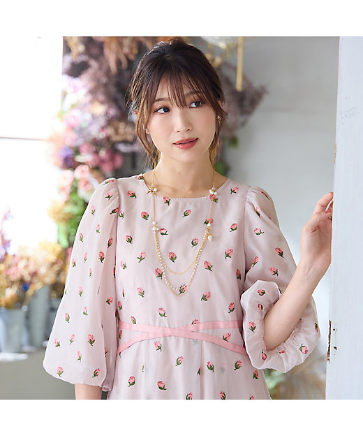 ローズティアラ46淡いピンクのパール装飾Aラインワンピース新品タグ