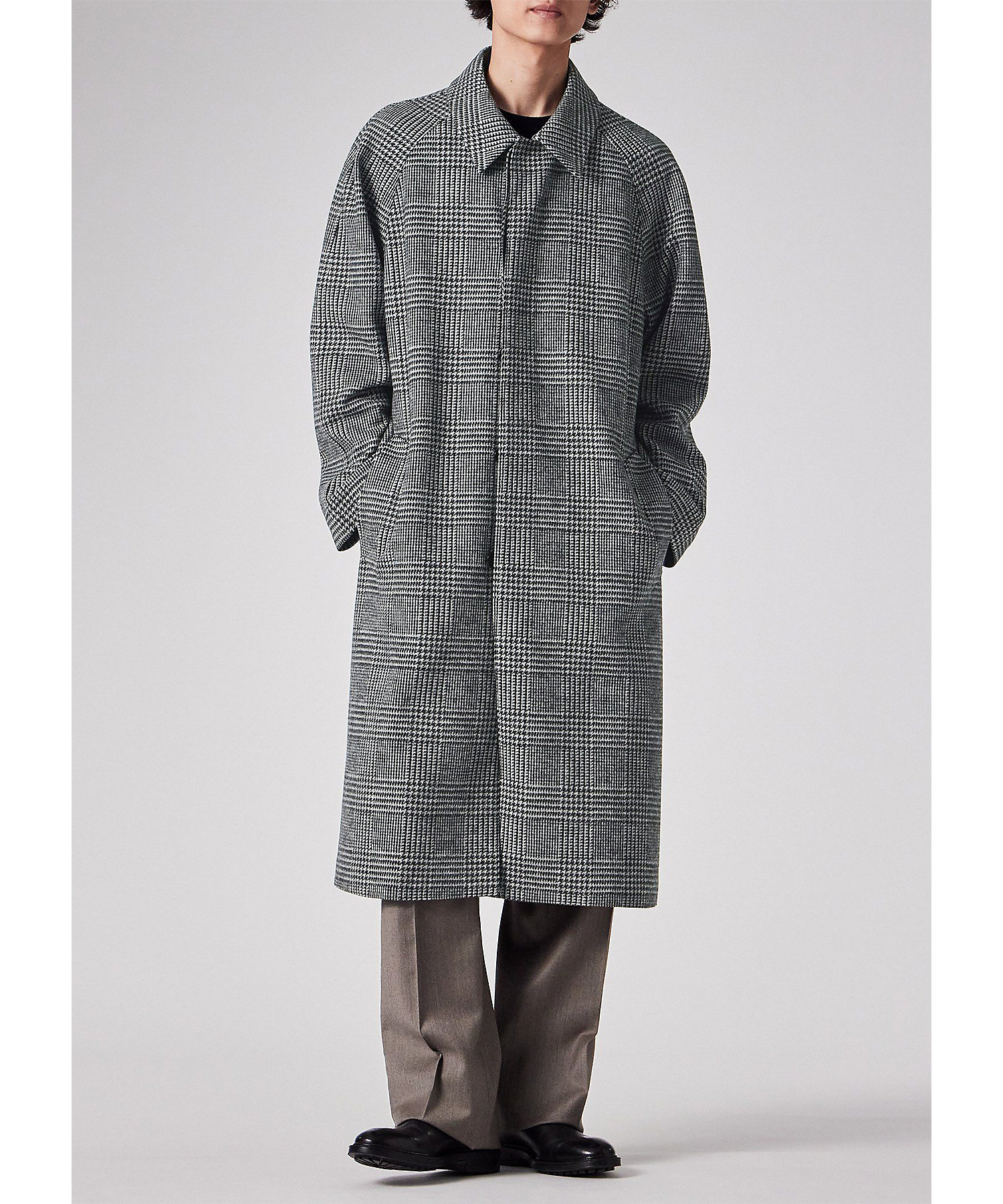 ウールニット グレンチェック ステンカラーコート