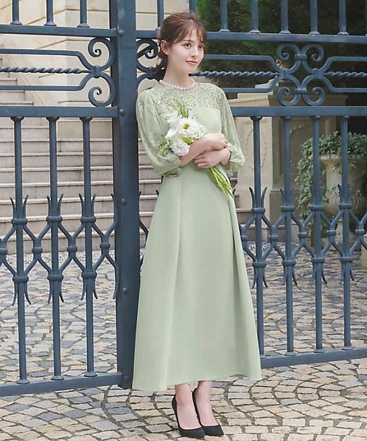 レース切替パフスリーブ フレア パーティードレス スモールサイズ