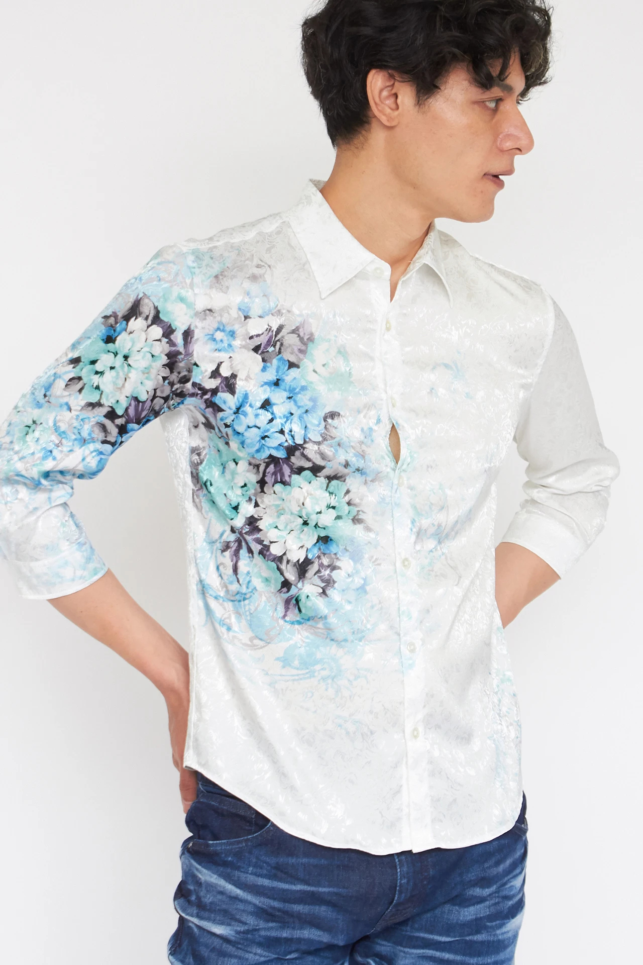 TORNADO MART∴オーナメントフラワープリント7分袖シャツ / TORNADO