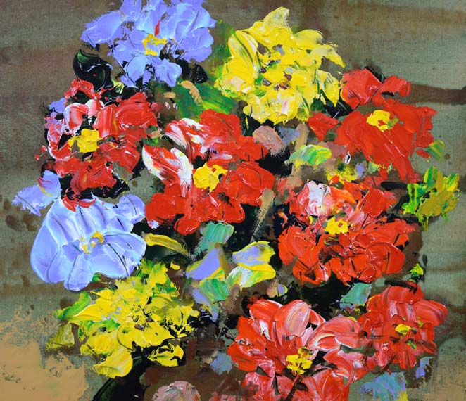 真作】絵画 油彩10号 赤の静物 花と麦の彩り 深紅の背景に咲く命 Y30