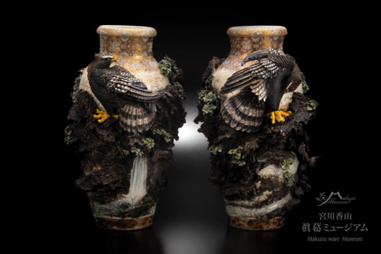 崖ニ鷹大花瓶 一対 | 宮川香山 眞葛ミュージアム デジタルアーカイブ