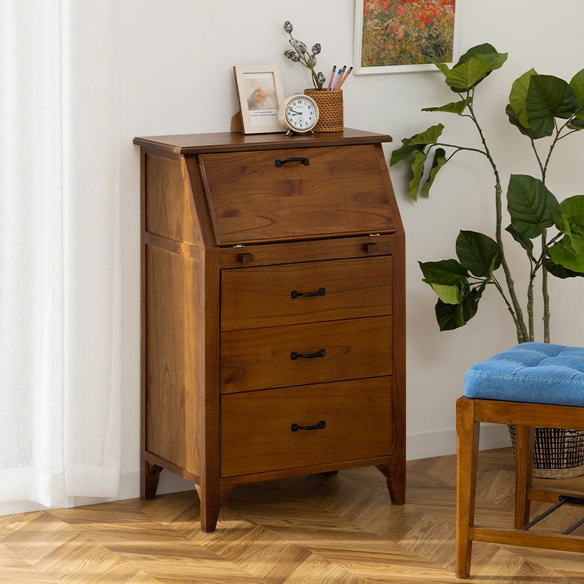 幅60cm 木製 ライティングチェスト アンティーク風 引出し付き 天然木