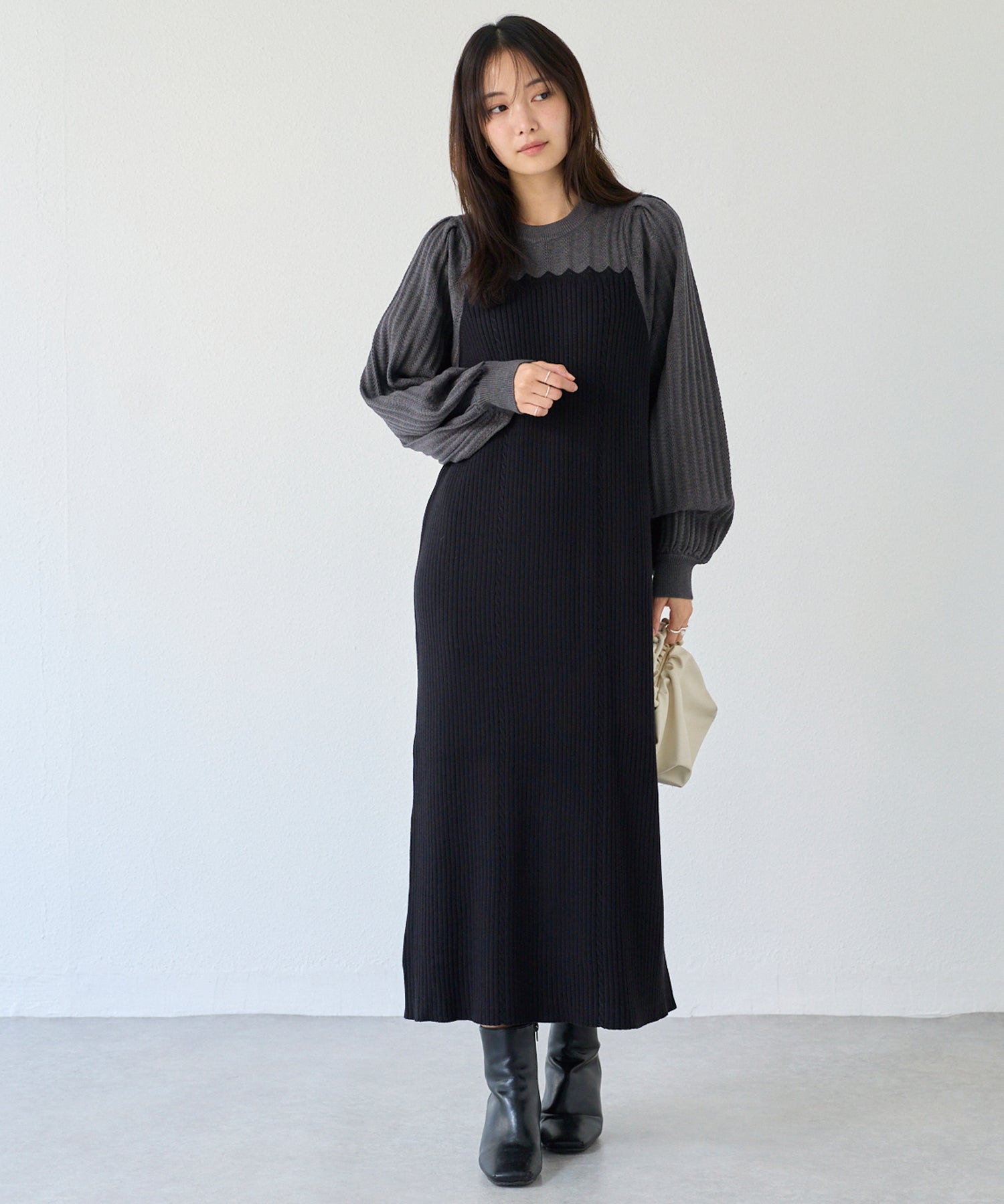 洗える】透かし編み切替ニットワンピース | ラビアンジェ-⼤きいサイズ