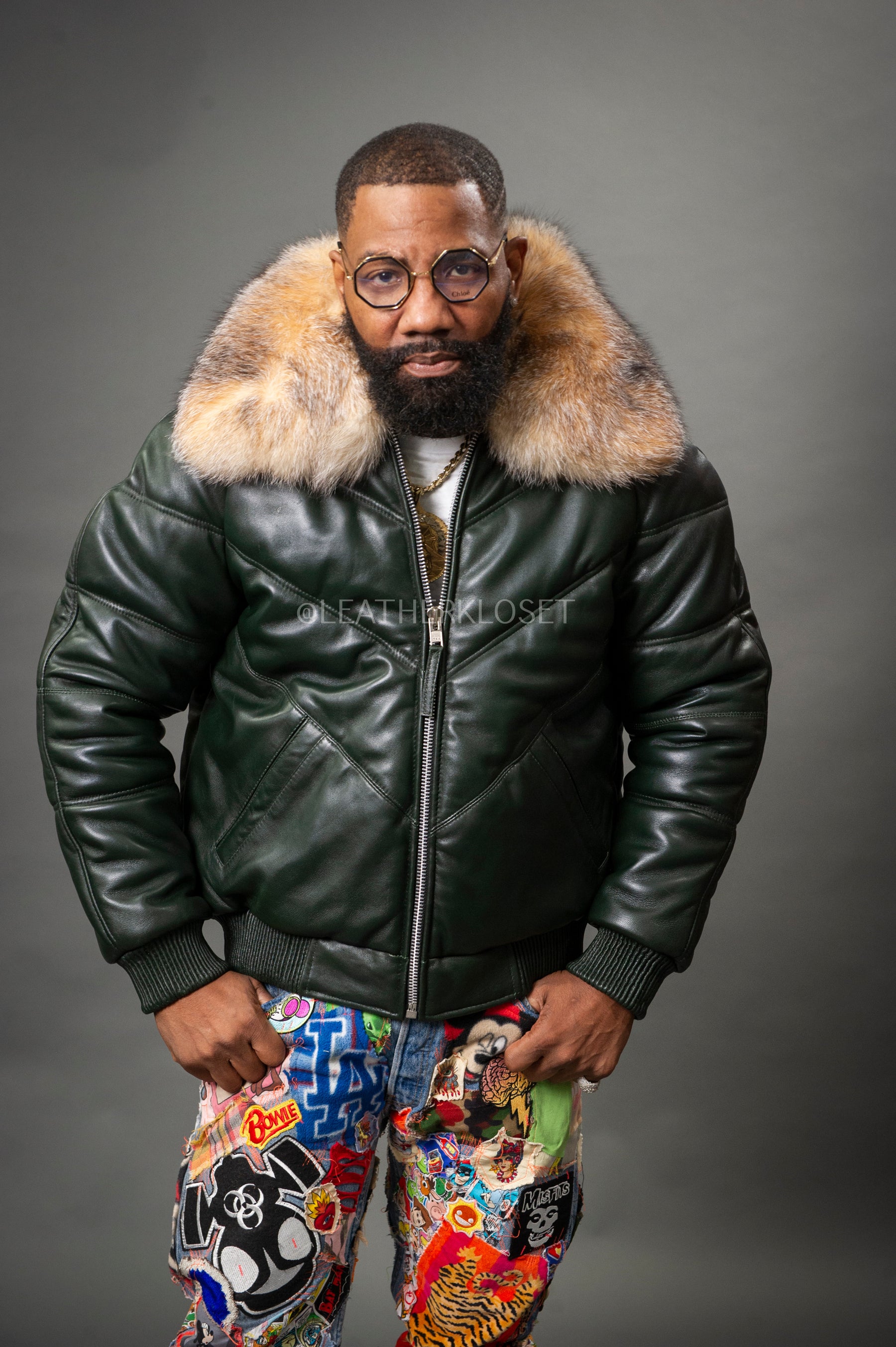 Men's V-Bomber Leather Jacket Forest Green [Crystal Fox