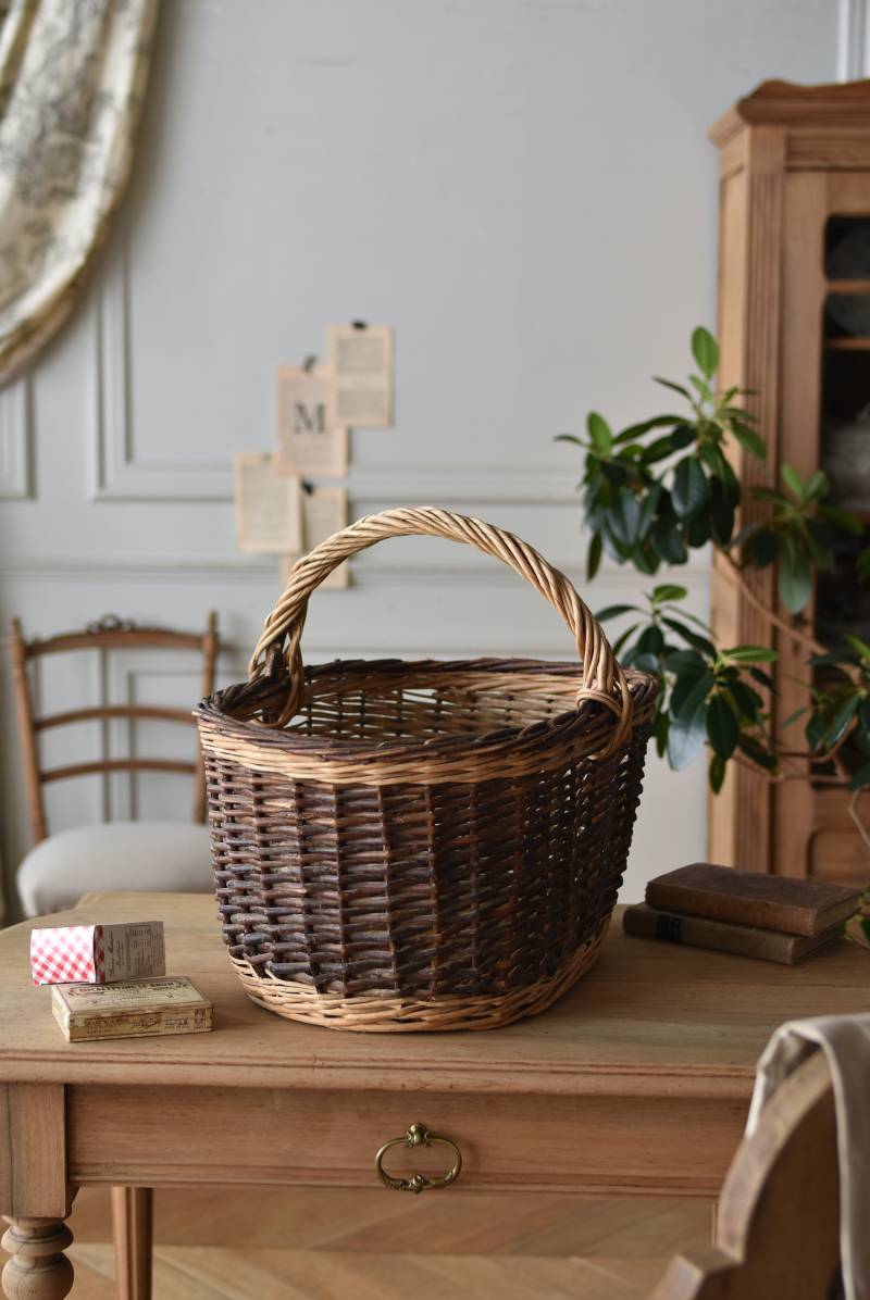 フレンチバスケット.バイカラー フランスヴィンテージ雑貨 籐籠 ラタン