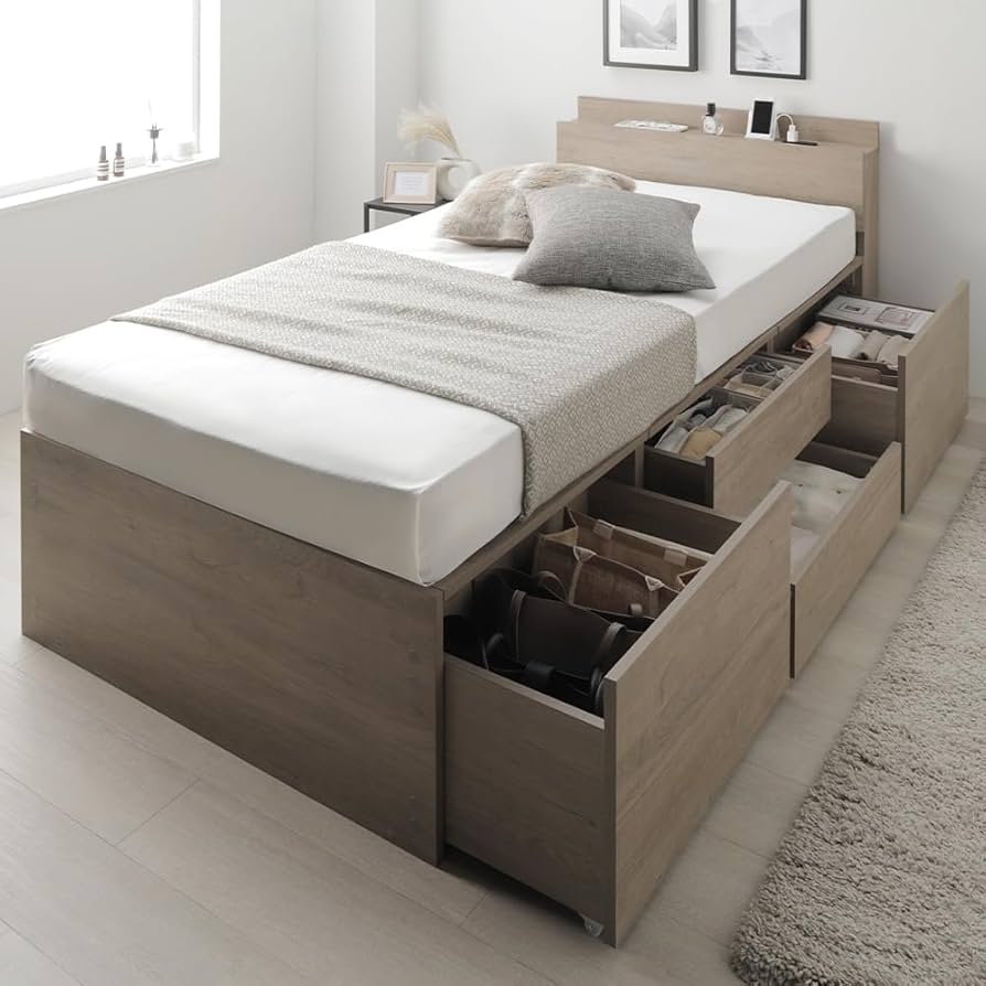 Amazon｜RASIK ベッド 通常丈シングル フレームのみ グレージュ 収納