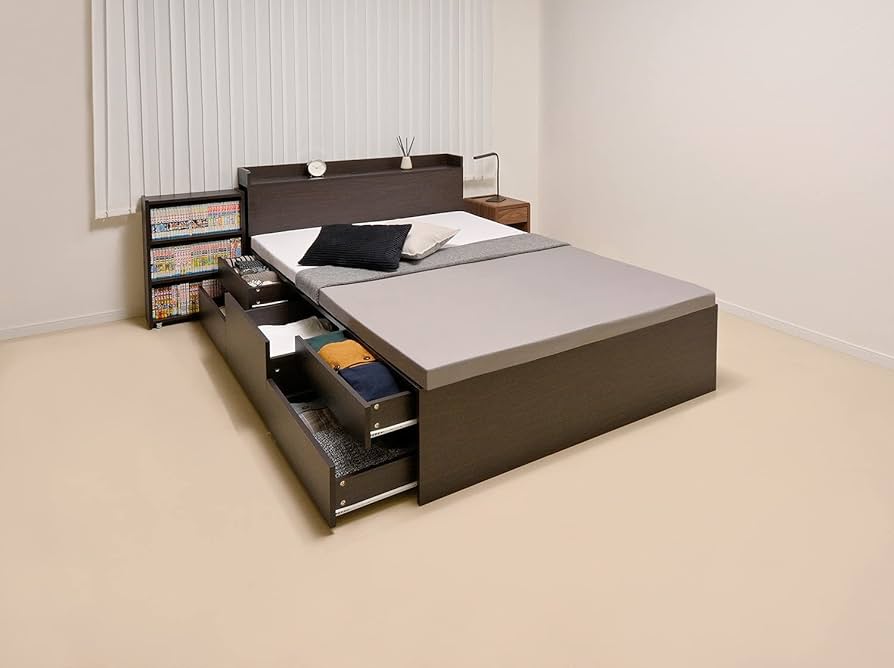 Amazon.co.jp: 本棚付チェストベッド ダークブラウン (シングル