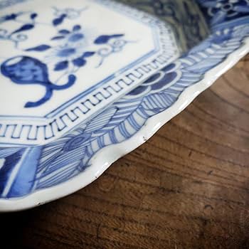 Amazon.co.jp: 八角皿 隅切角皿 古伊万里 線描き 唐草文様 伊万里染付