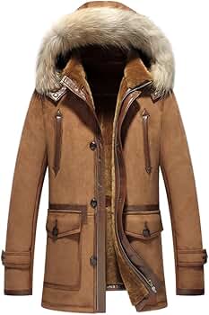 LINAILIN Men's Shearling Coat Luxury Raccoon Fur Collar Hooded