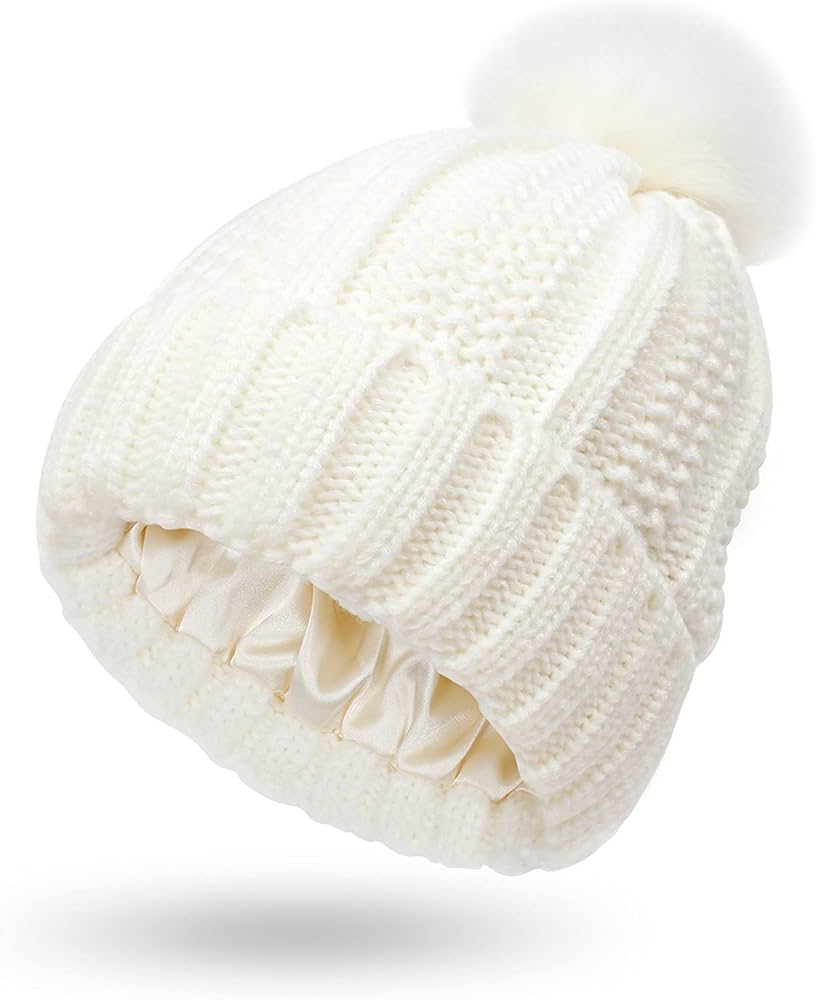 Amazon.com: Women Satin Lined Cable Knitted Hats Winter Warm Cuff