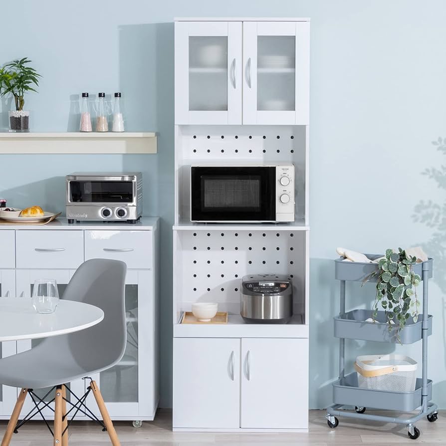 ホワイト食器棚 ガラス扉付き レンジ台 家電収納 【幅88】たのメル便