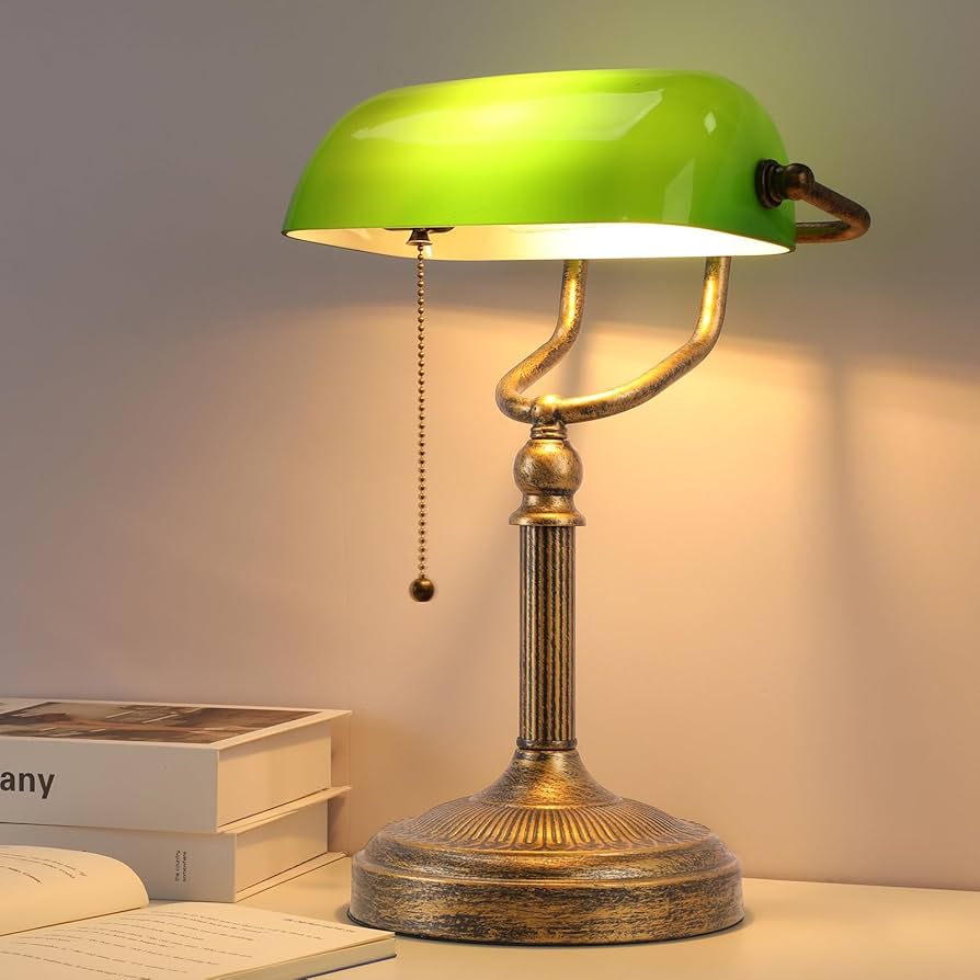 NISSAFORS Bankers Desk Lamp, Green Glass Shade, Vintage Desk Lamp
