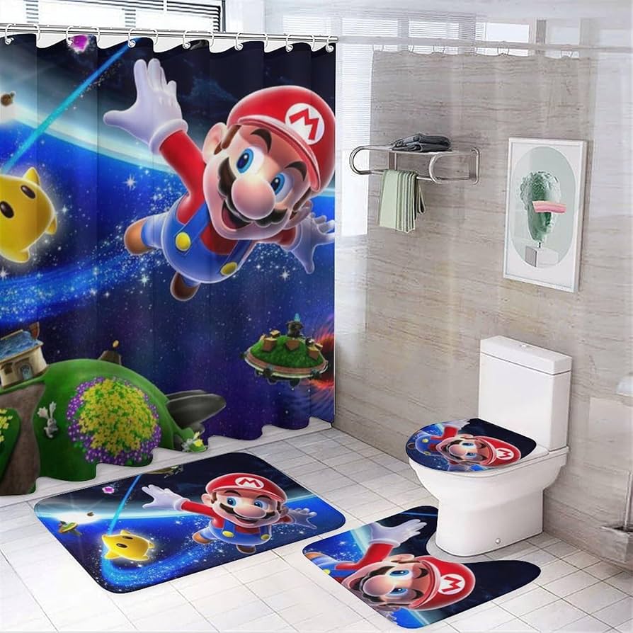 Amazon｜マリオシャワーカーテン4点セット バスルームラグ トイレU型