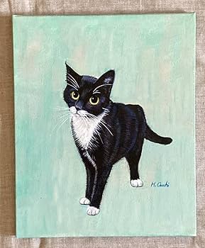 Amazon.co.jp: 白黒はちわれ猫 絵画 アクリル画 ネコ インテリア 真作