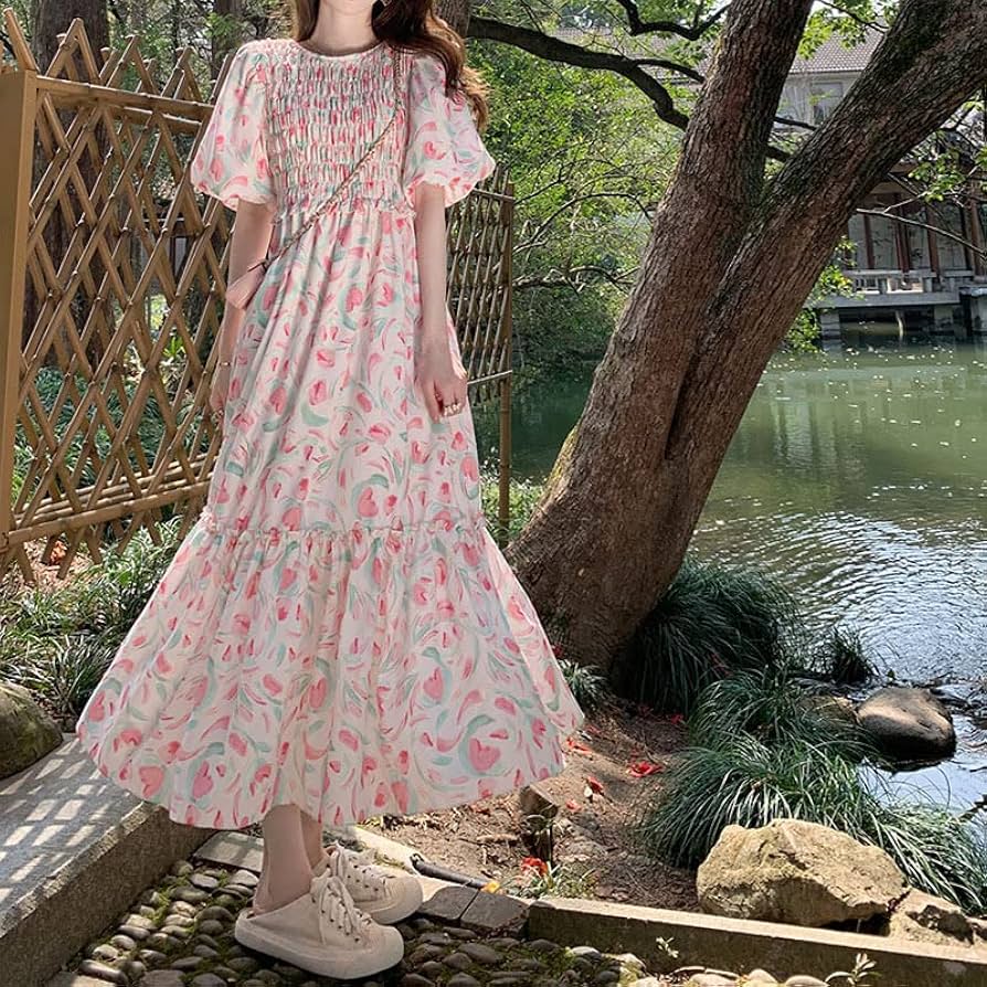 Amazon.co.jp: 牧歌工場ピンクの茶休フレンチ花柄ワンピース夏の 花柄