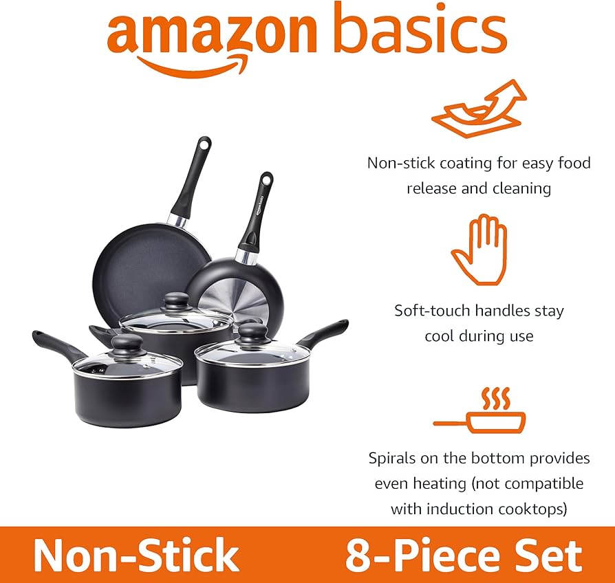 Amazon.com: Amazon Basics Non-Stick Kitchen Cookware 8-Piece Set