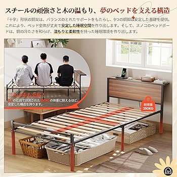 Amazon｜WLIVE ベッドフレーム 宮棚付き 2口コンセント すのこベッド