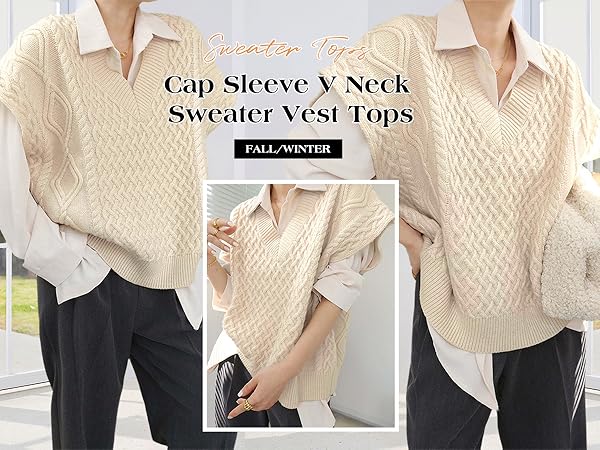 Oversized Sweater Vest for Women Spring Fall V Neck Pullover Cable