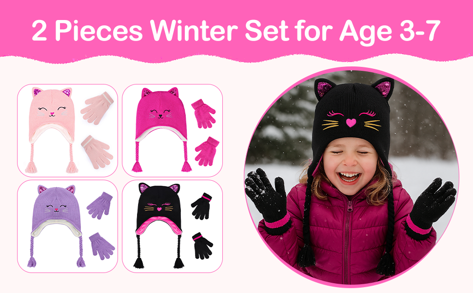 Amazon.com: Girl Knit Cat Ear Beanie Hat and Glove Set Kids Winter