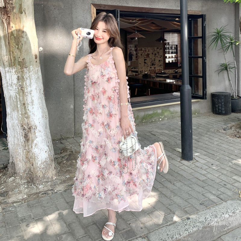 ワンピース】ピンクロマンチック風 立体フラワー花柄 ノースリーブ