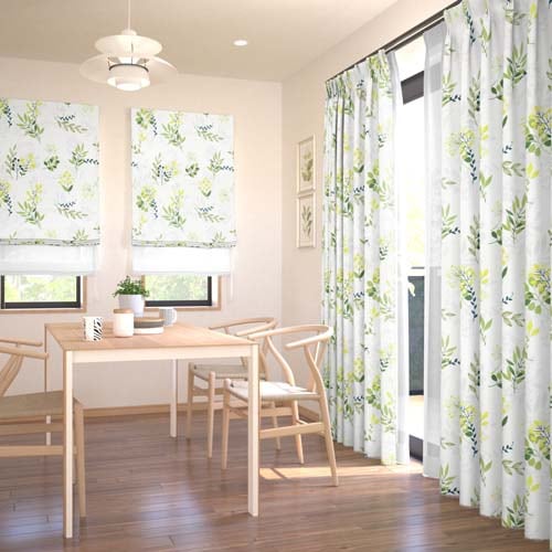 既製】遮光3級 ナチュラル 植物柄の形状記憶付 アデル(グリーン