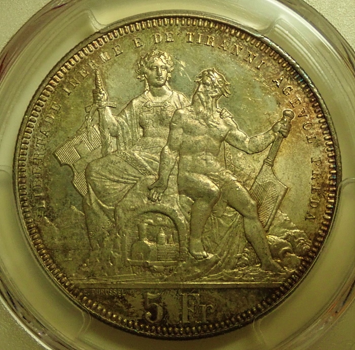スイス射撃祭5フラン銀貨、1883年ルガーノ、PCGS-MS66高鑑定