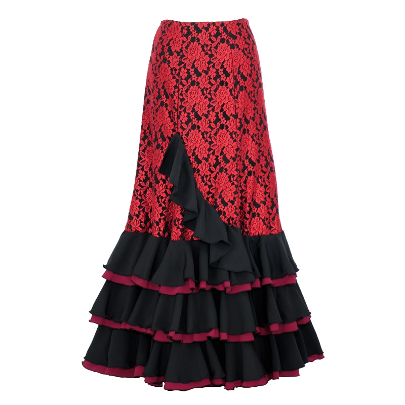 HF-1403 斜めフリル付合わせ3段フリルスカート レッドレース/ブラック