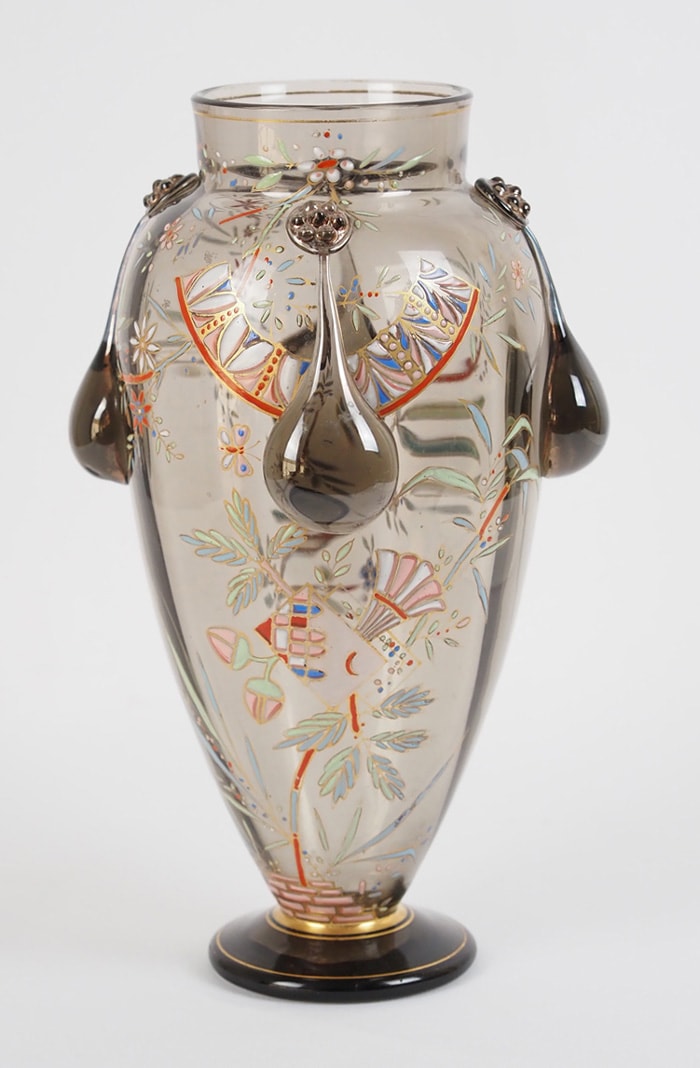 エミール・ガレ】美品・花柄エッチングガラス花瓶 青アンティーク