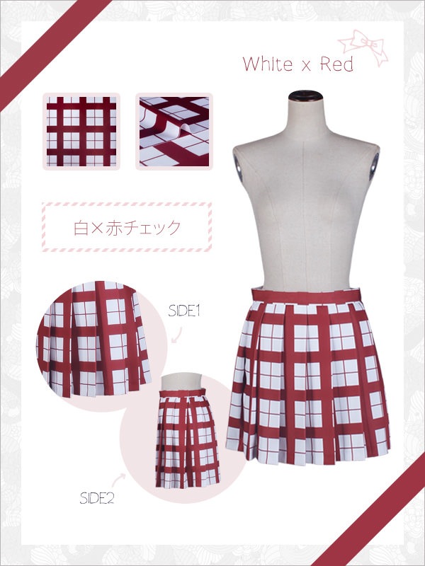 送料無料】柄生地プリーツスカート 白×赤チェック プラス料金で