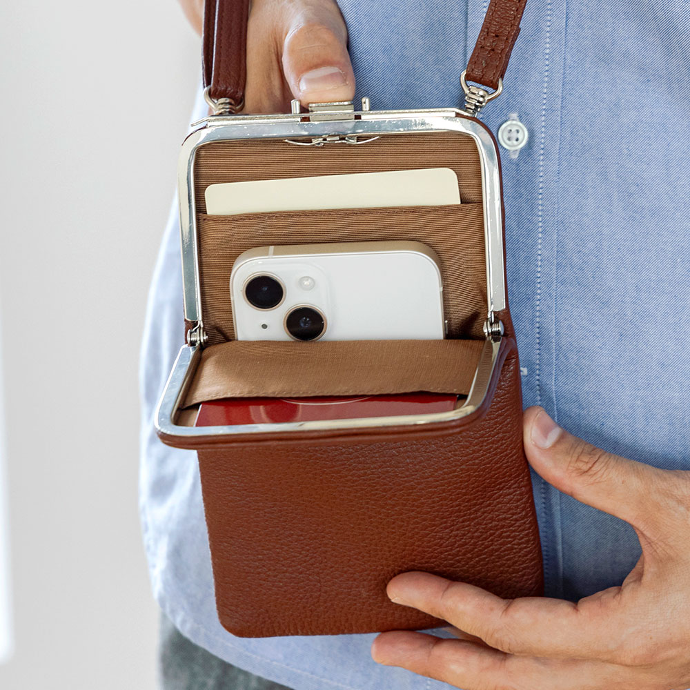 ワンプッシュスマホショルダー スマホポーチ ミニショルダー 革 ゴート