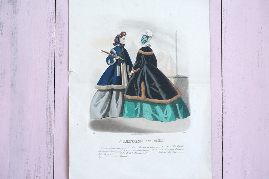 フランスアンティーク 19世紀 銅版画 貴婦人のグラヴュール 手彩色