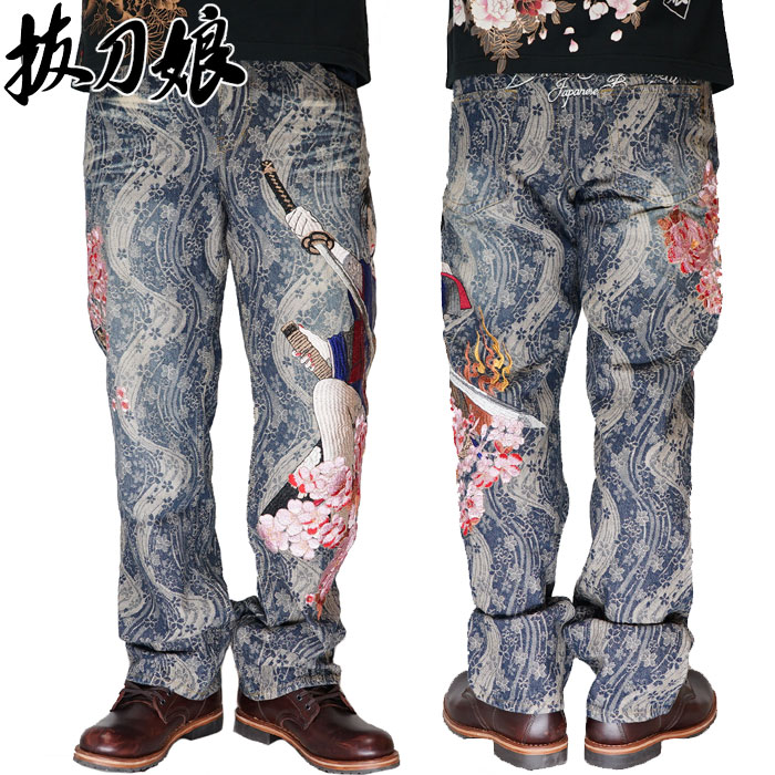抜刀娘 ﾊﾞｯﾄｳﾑｽﾒ 絡繰魂 和柄 ジーンズ デニム メンズ 総刺繍 妃那