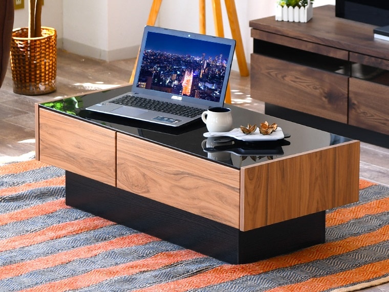 ガラス天板 引出し付き ローテーブル 白 ブラウン 2色対応 センター