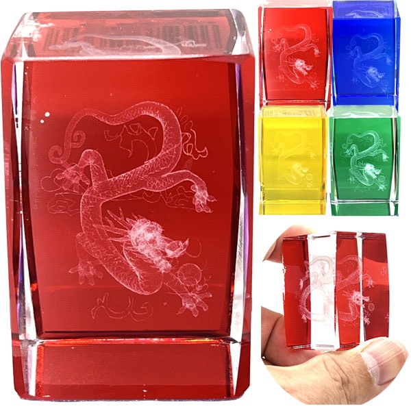 レーザークリスタル 玉龍 角型 風水龍（背面色）｜開運,風水,グッズ