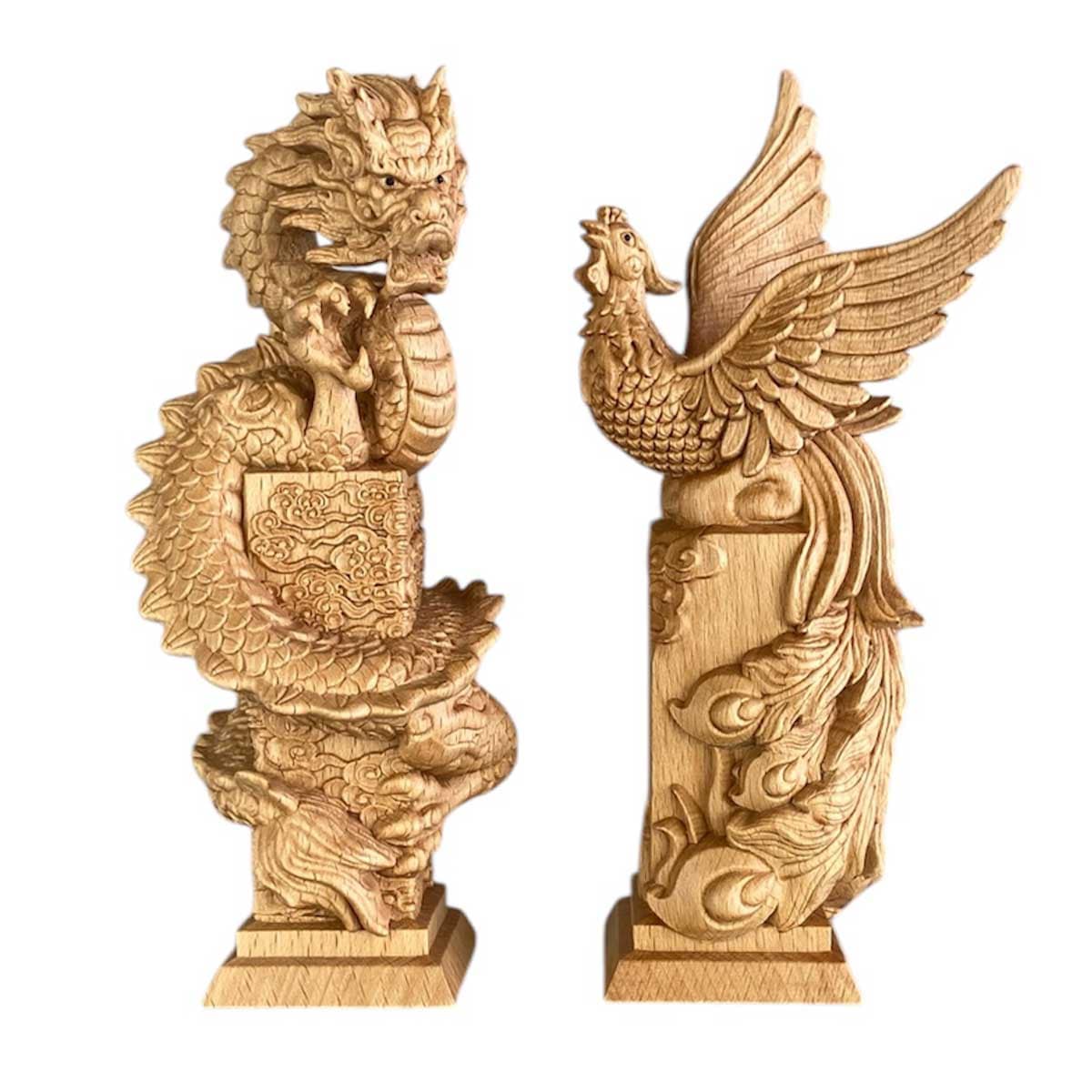 龍神と鳳凰 木彫り置物セット｜風水で運気アップ・繁栄と調和の象徴