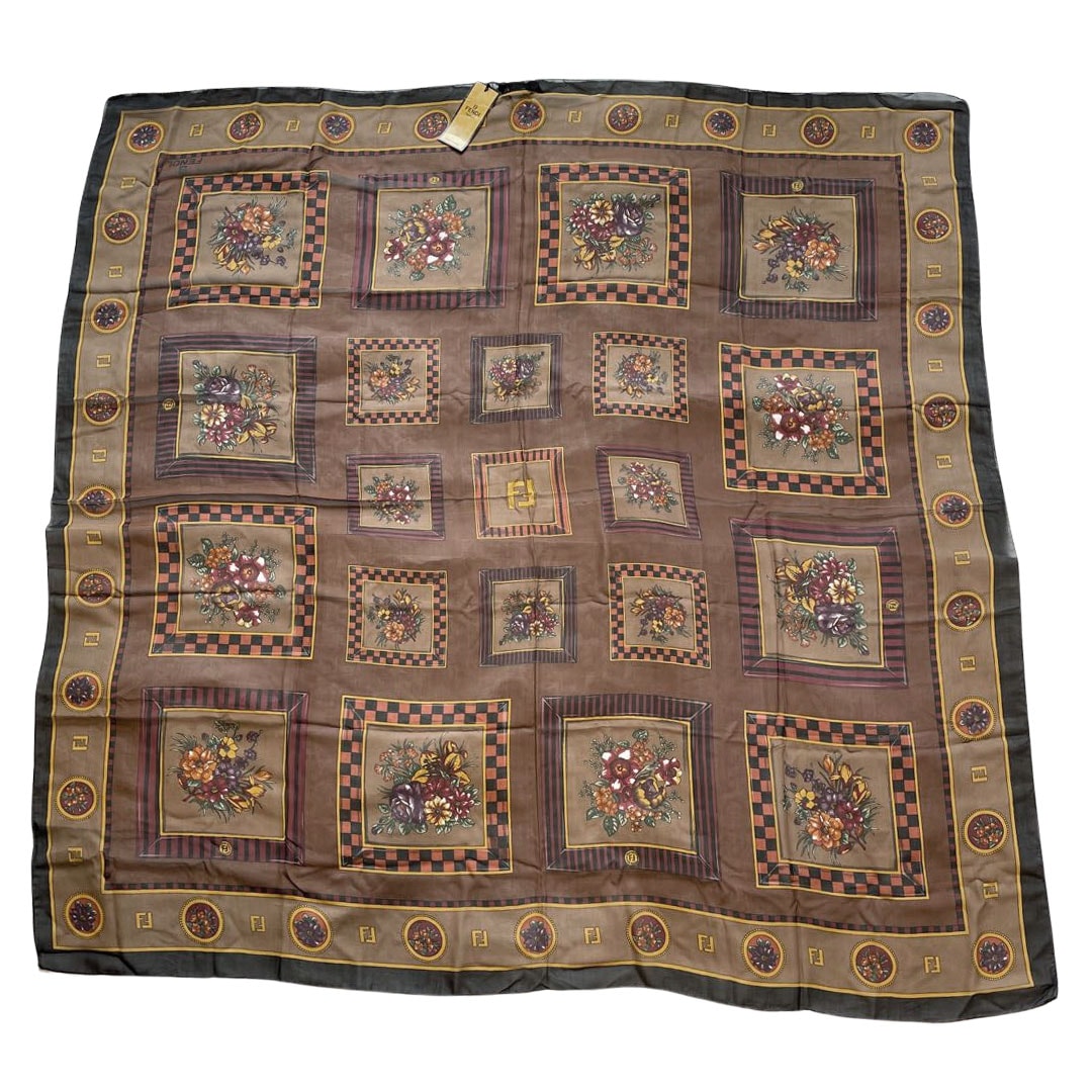 FENDI フェンディ 大判 シフォンスカーフ 花柄 135cm シルク ブラウン