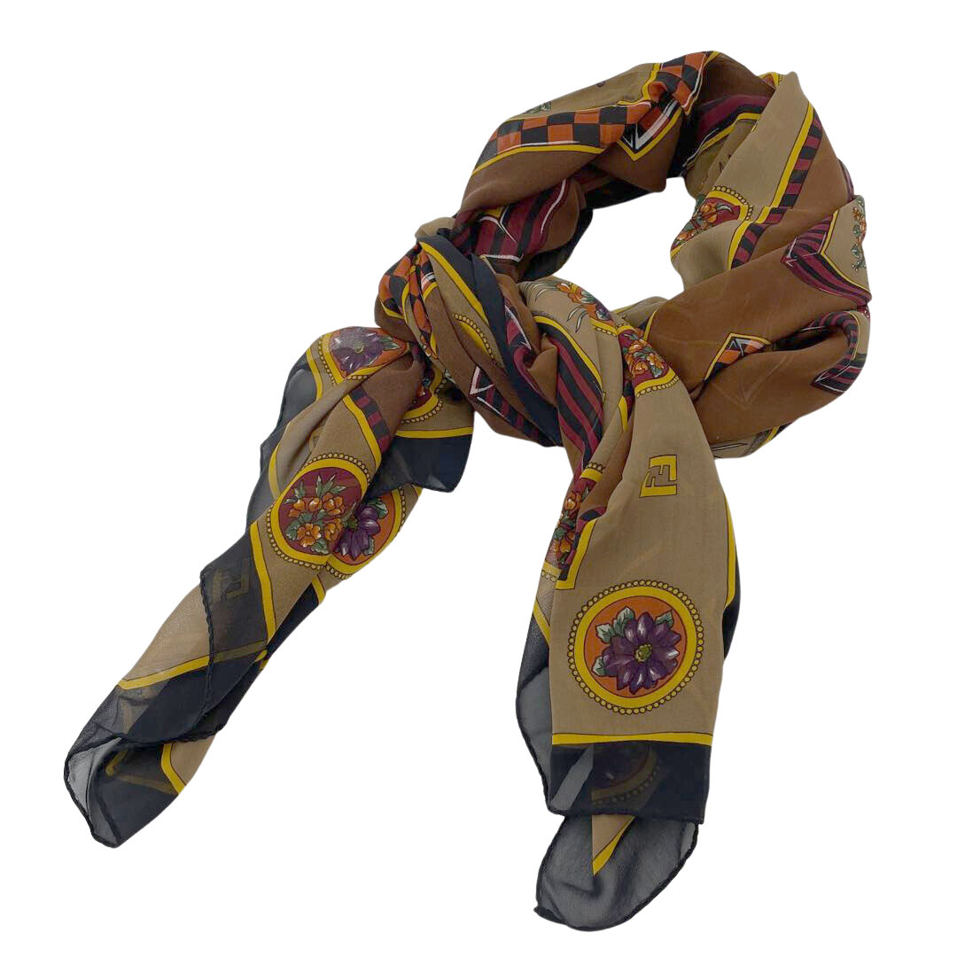 FENDI フェンディ 大判 シフォンスカーフ 花柄 135cm シルク ブラウン