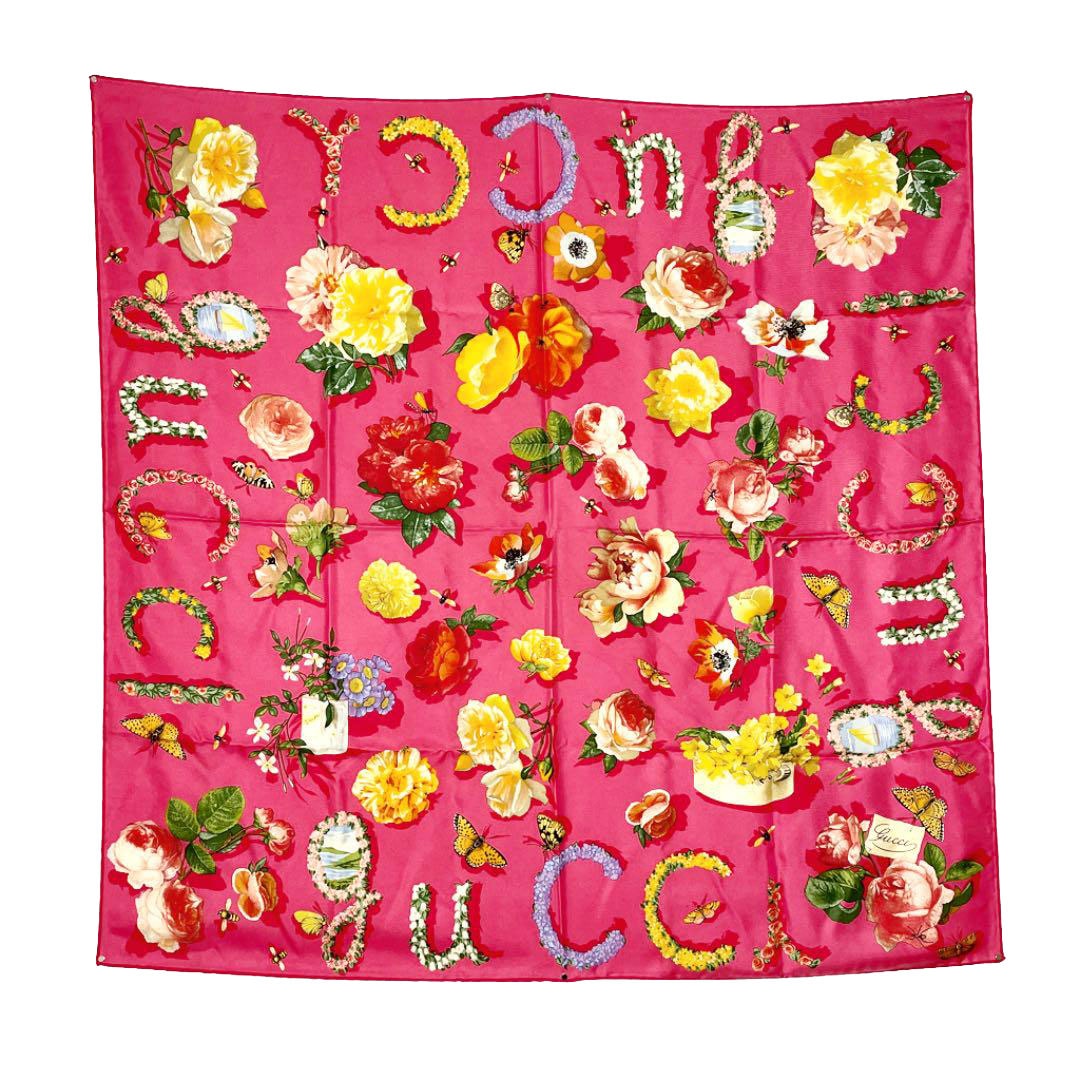 GUCCI グッチ スカーフ フローラ 花柄 蝶 蜂 シルク ピンク | 小物