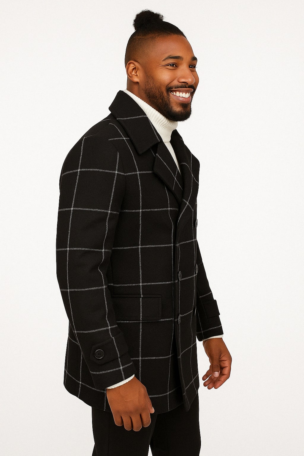 Coat Mens Black Windowpane Check Wool Overcoat – Double-Breasted
