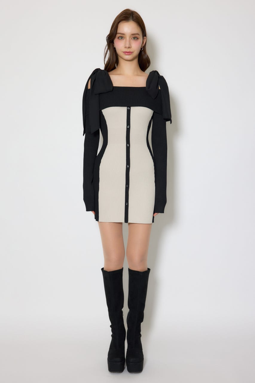 rienda | バイカラーオフショルリボンニットミニワンピース