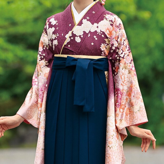 卒業時装】着物915エビ茶/藤牡丹&女袴377紺/スズランししゅう(No.6433