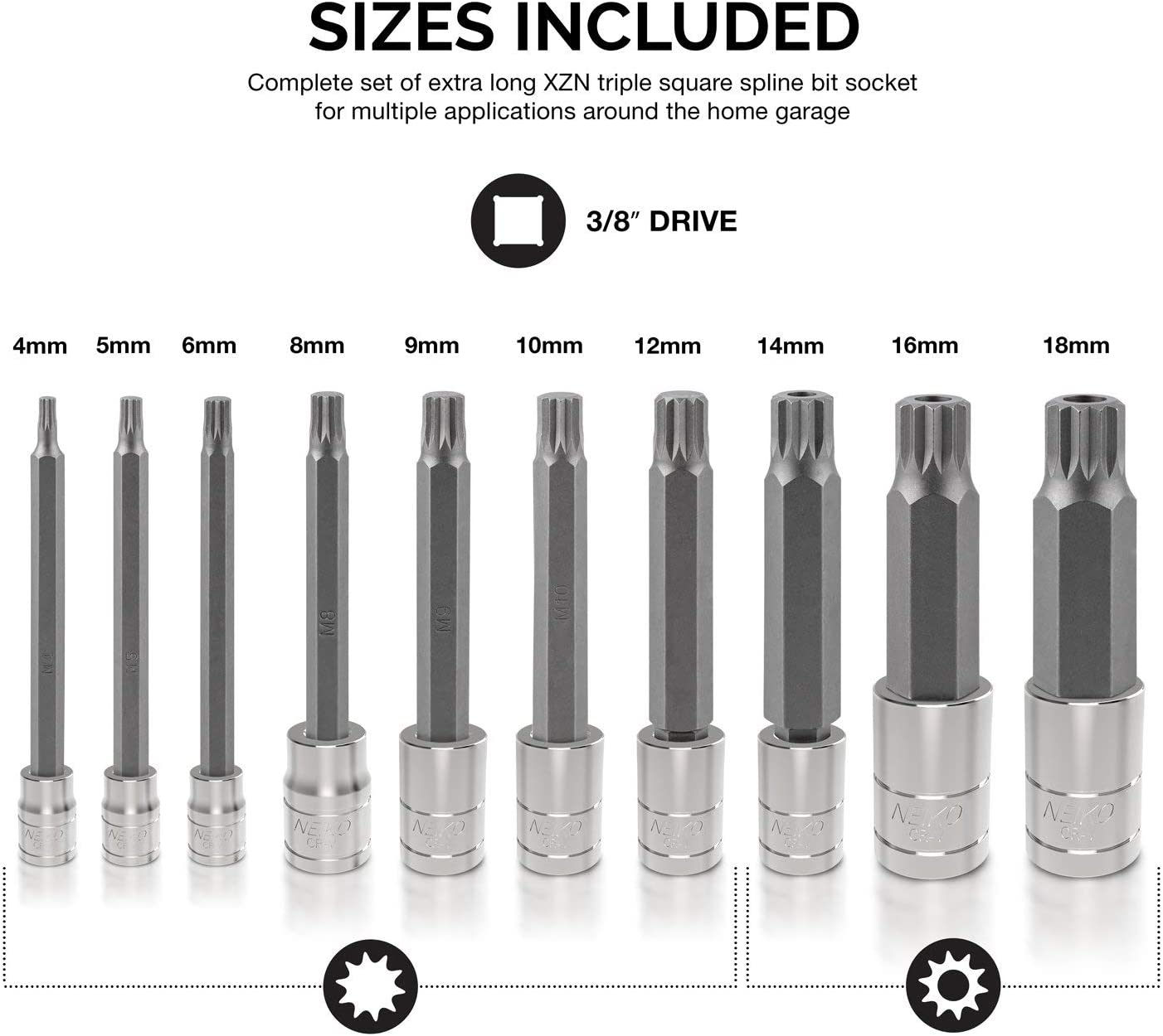 NEIKO XZN Triple Square Spline Bit Socket Set, Extra Long – NEIKO®