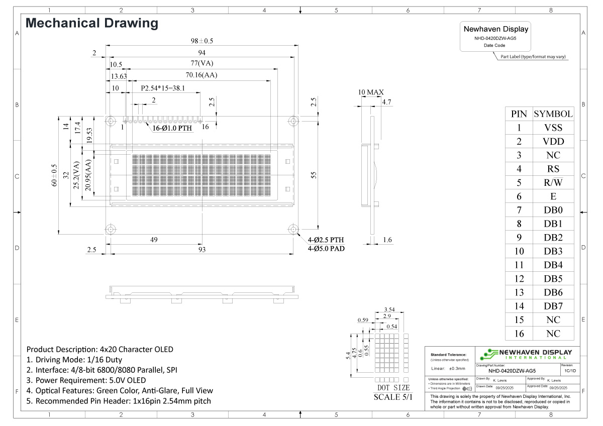 Green 20x4 Character OLED Module