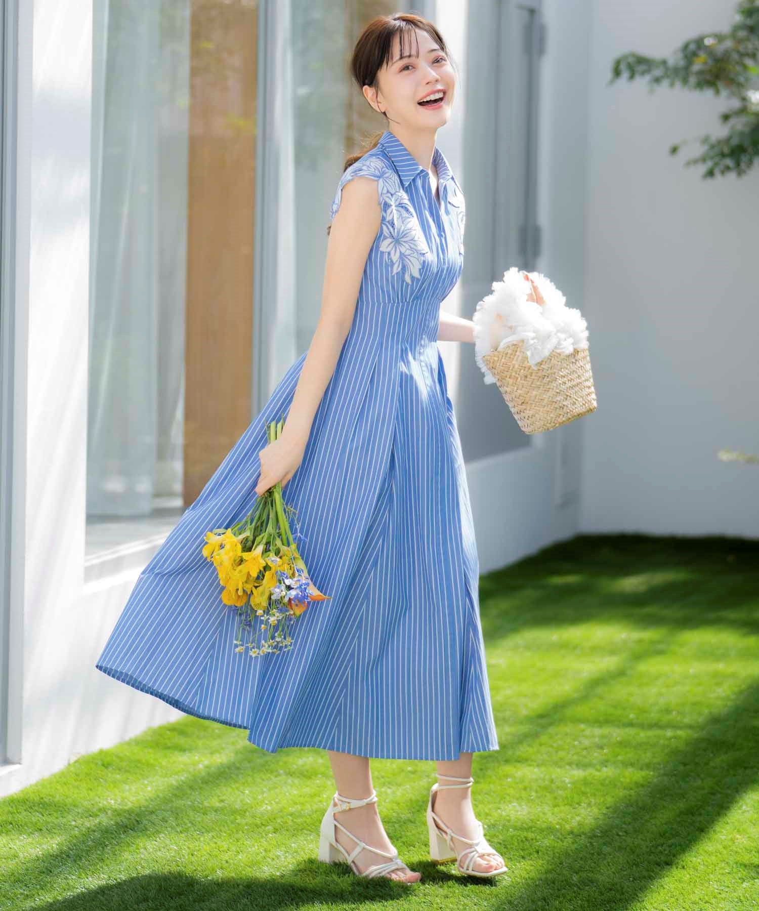 15周年】【SSサイズあり】エンブロイダリーストライプワンピ | ロング