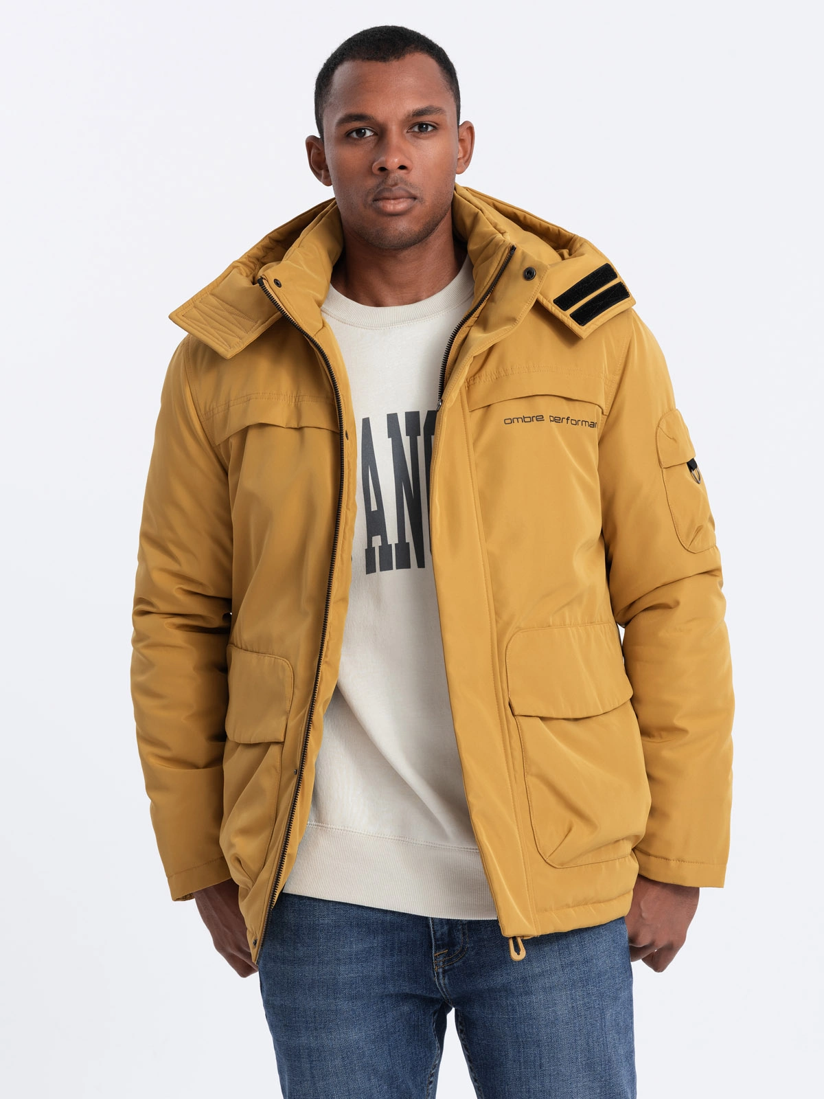 Men's insulated jacket with hood - mustard V2 OM-JAHP-0128 | Ombre