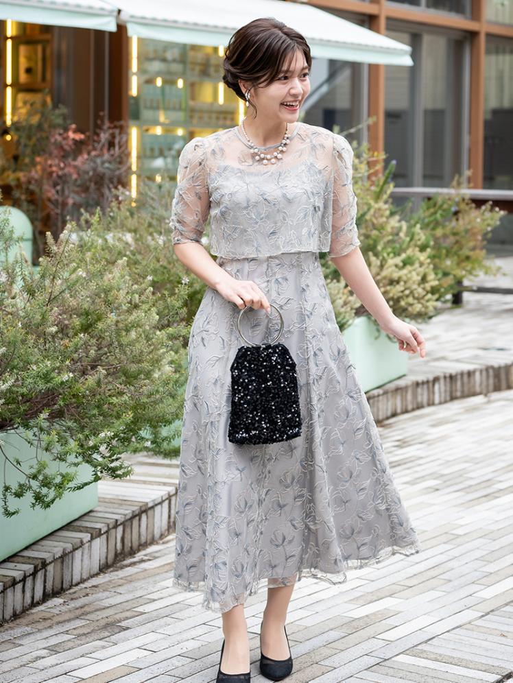 ボレロ付き花柄刺繍ドレス(グレイッシュグリーン)CR1-456G-GR-M